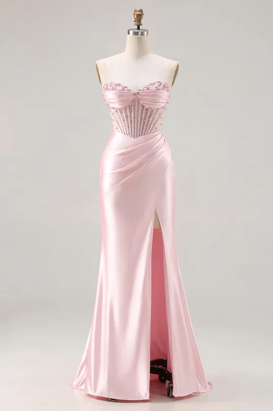 Sparkly Pink Mermaid Strapless Beaded Corset Long Prom Dress with Slit made by Wedtrend