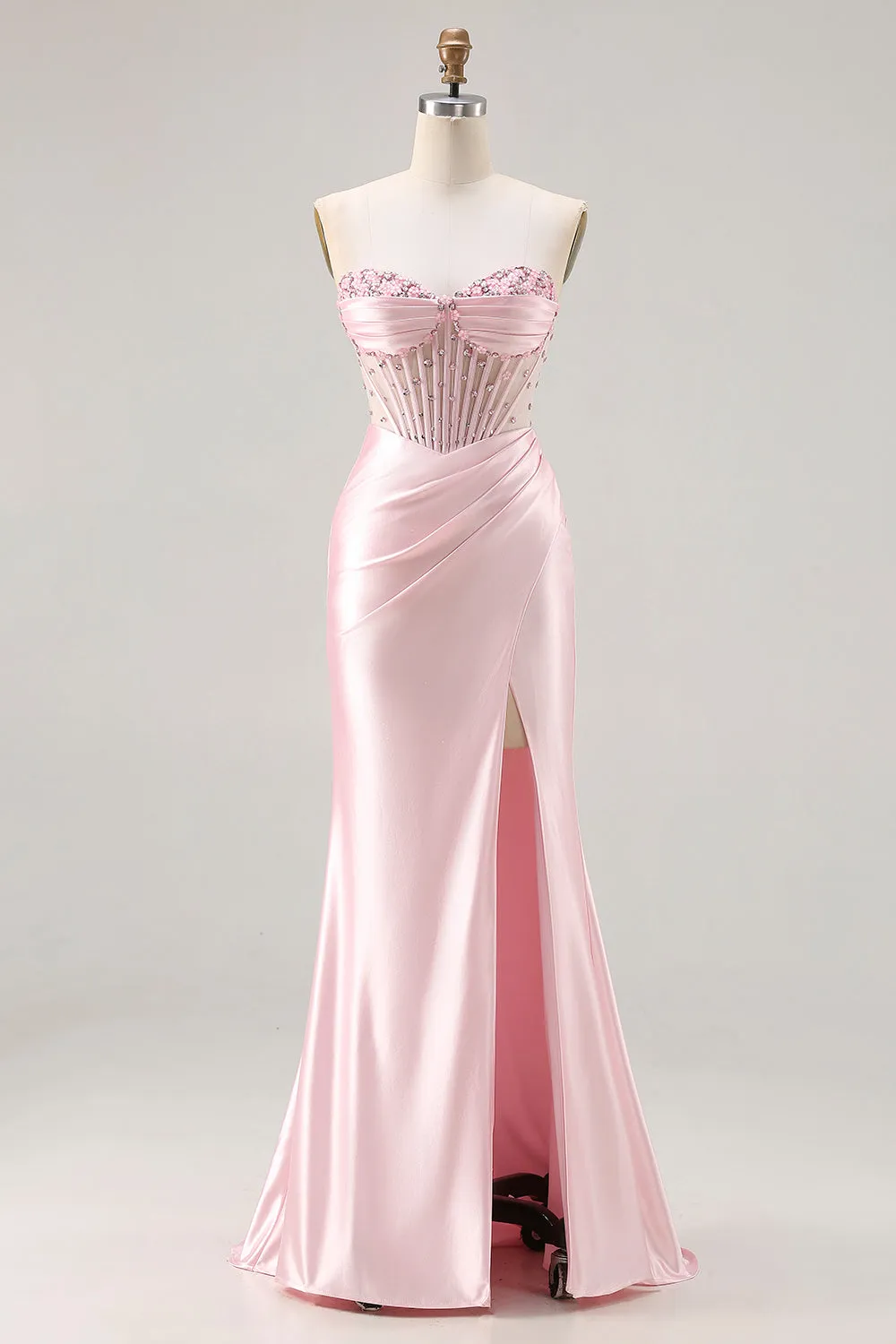 Sparkly Pink Mermaid Strapless Beaded Corset Long Prom Dress with Slit sold by Wedtrend