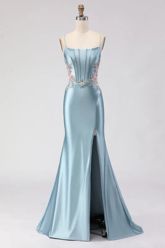 Grey Blue Mermaid Corset Beaded Satin Long Prom Dress with Slit made by Wedtrend
