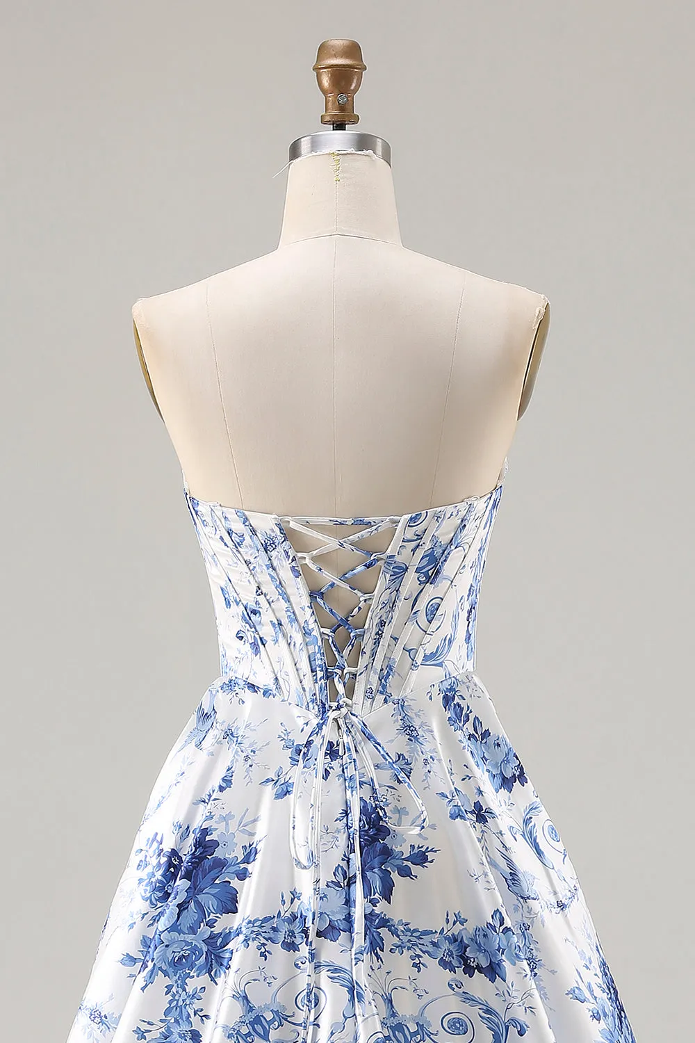 White Blue Flower A Line Strapless Lace Up Back Corset Long Prom Dress with Slit sold by Wedtrend product image thumbnail 5