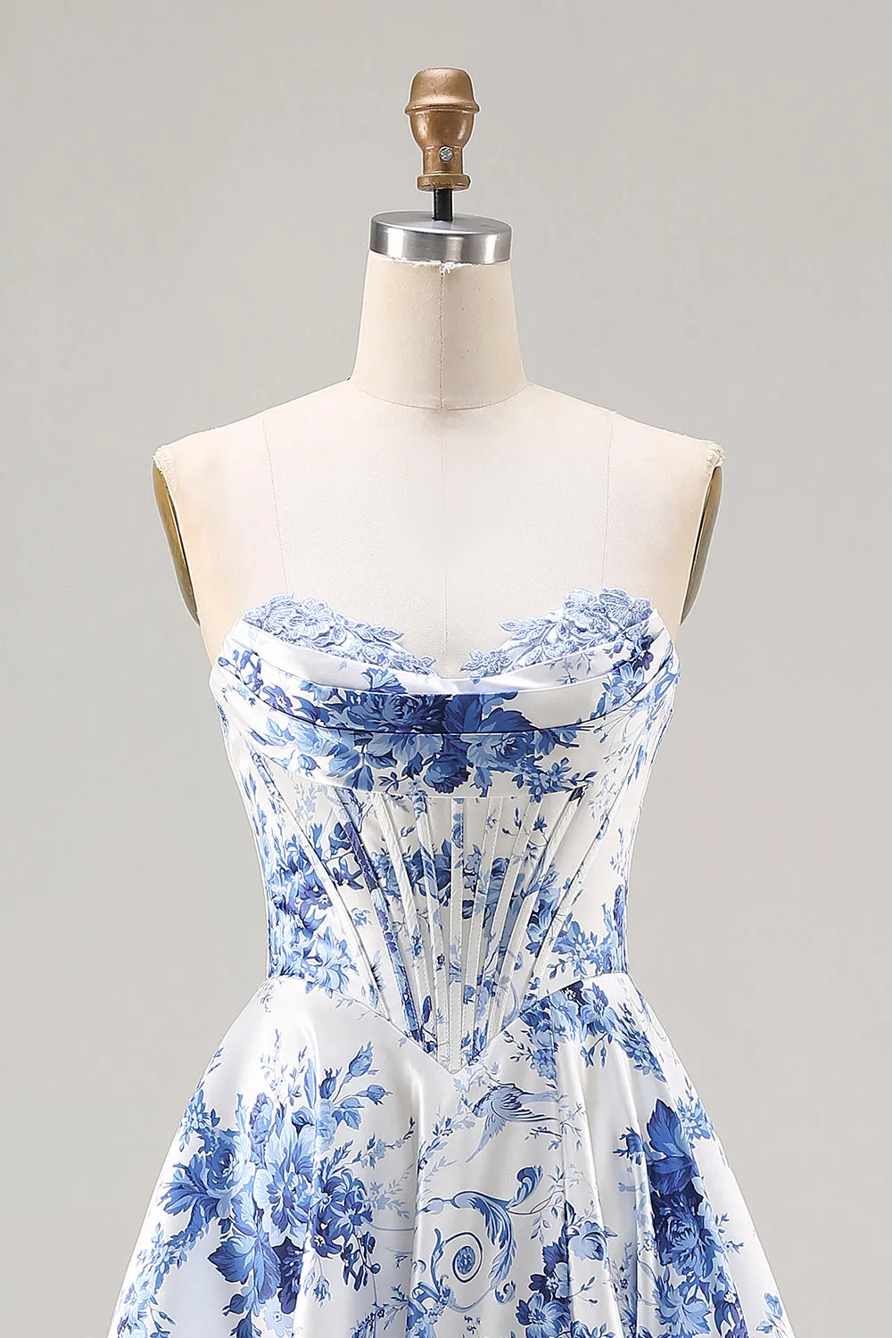 White Blue Flower A Line Strapless Lace Up Back Corset Long Prom Dress with Slit sold by Wedtrend product image thumbnail 4