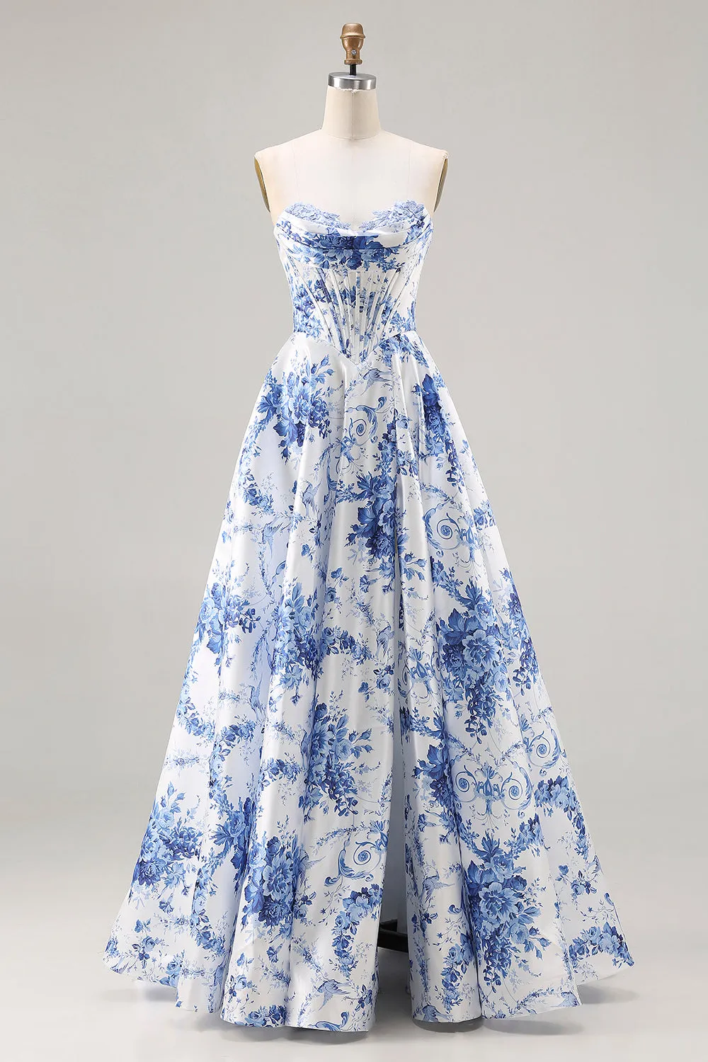 White Blue Flower A Line Strapless Lace Up Back Corset Long Prom Dress with Slit sold by Wedtrend