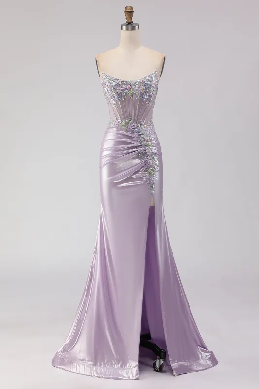 Light Purple Mermaid Strapless Beaded Corset Ruched Long Prom Dress with Slit sold by Wedtrend