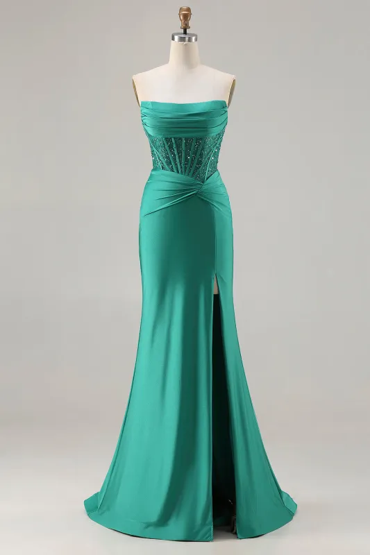 Dark Green Mermaid Beaded Corset Sequin Long Prom Dress with Slit sold by Wedtrend