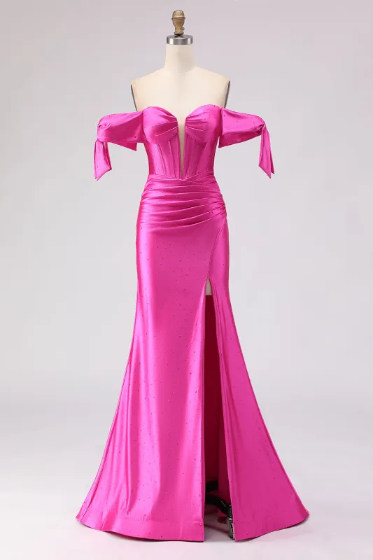 Fuchsia Off the Shoulder Beaded Corset Mermaid Long Prom Dress with Slit made by Wedtrend