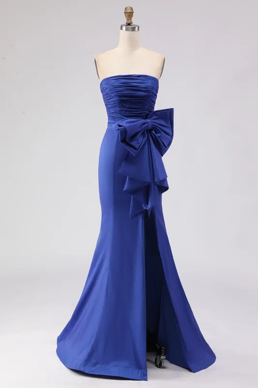Royal Blue Strapless Mermaid Ruched Long Prom Dress with Large Bow made by Wedtrend