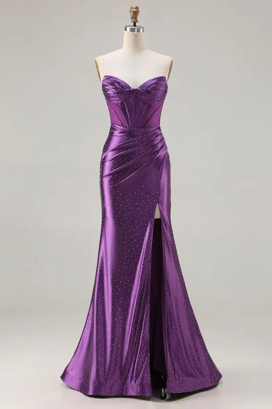 Sparkly Purple Mermaid Strapless Beaded Corset Long Prom Dress with Slit sold by Wedtrend