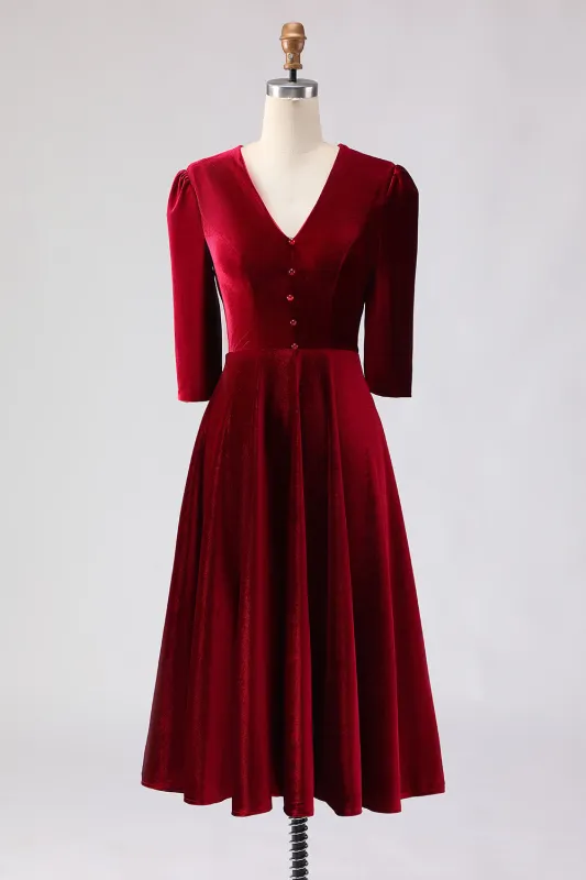 Burgundy A Line V Neck Velvet Midi Work Dress with Half Sleeves sold by Wedtrend