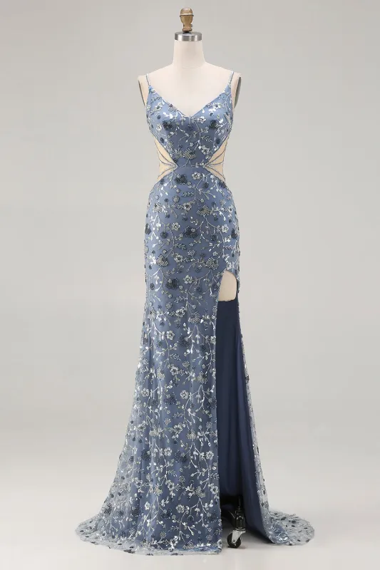 Dusty Blue Mermaid Sequin Cut Out Long Prom Dress with Slit made by Wedtrend