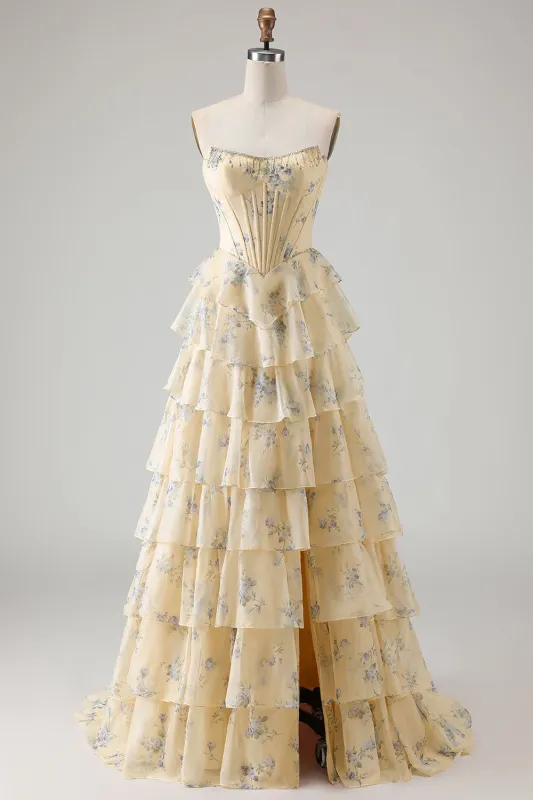 Yellow Blue Flower A Line Strapless Corset Tiered Ruffle Long Prom Dress with Slit made by Wedtrend