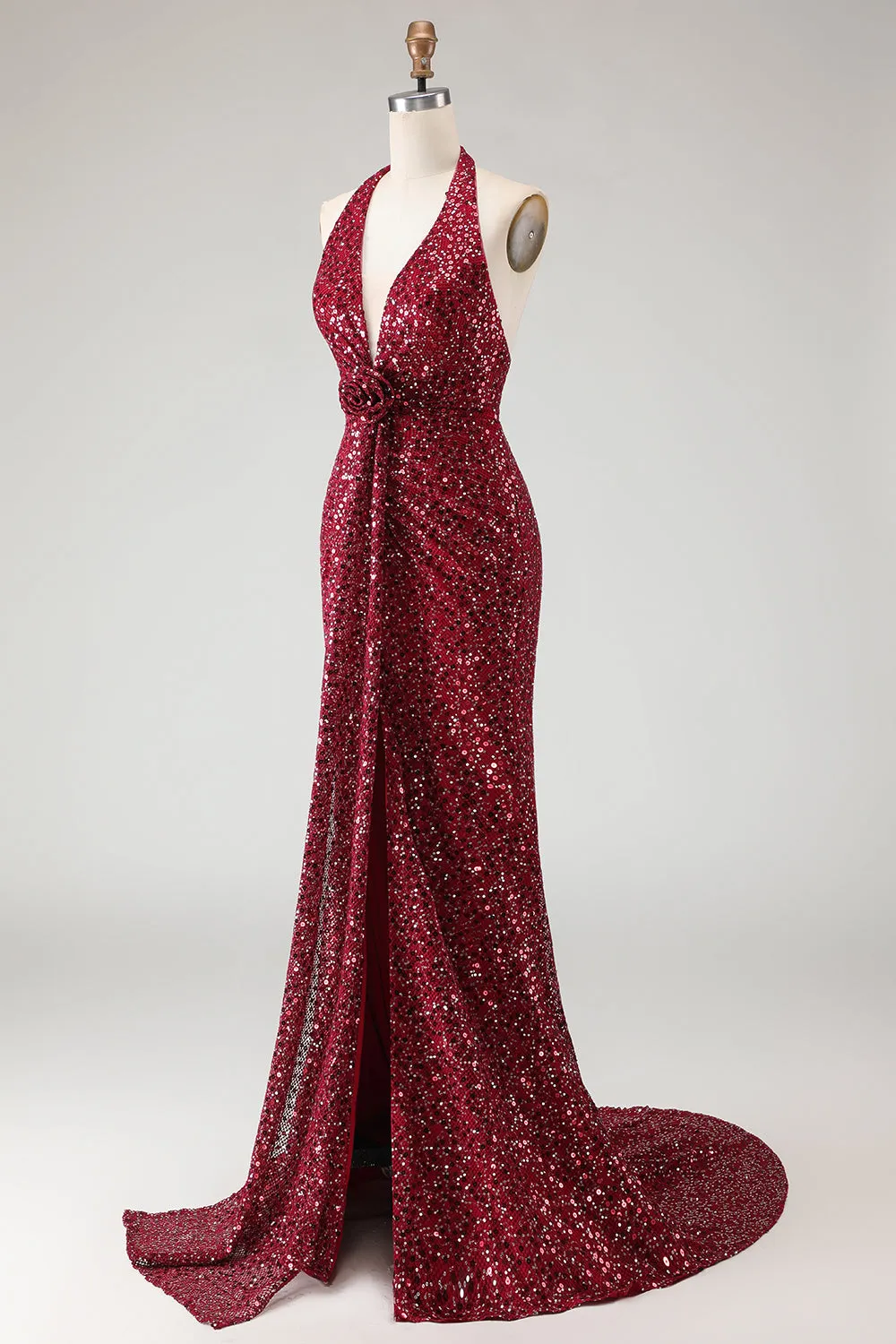 Sparkly Burgundy Mermaid Halter Sequin Long Prom Dress with Slit sold by Wedtrend product image thumbnail 3