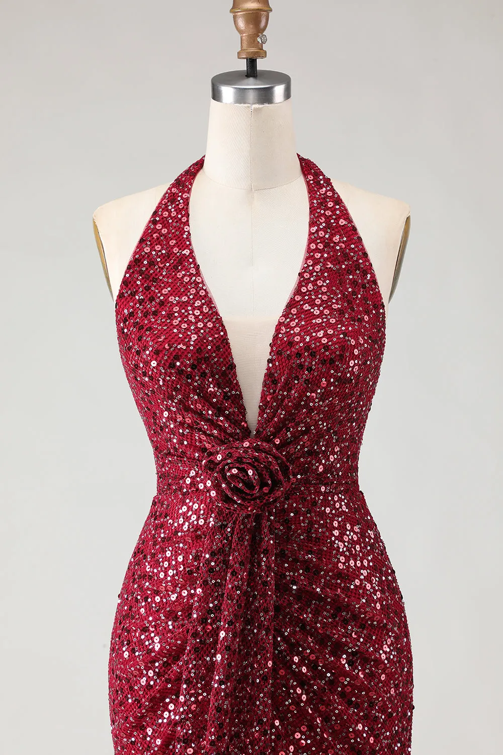 Sparkly Burgundy Mermaid Halter Sequin Long Prom Dress with Slit sold by Wedtrend product image thumbnail 4