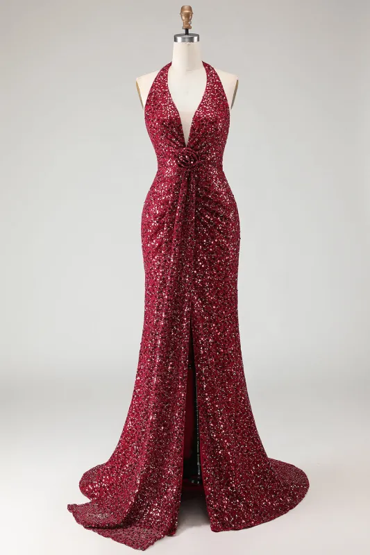 Sparkly Burgundy Mermaid Halter Sequin Long Prom Dress with Slit made by Wedtrend
