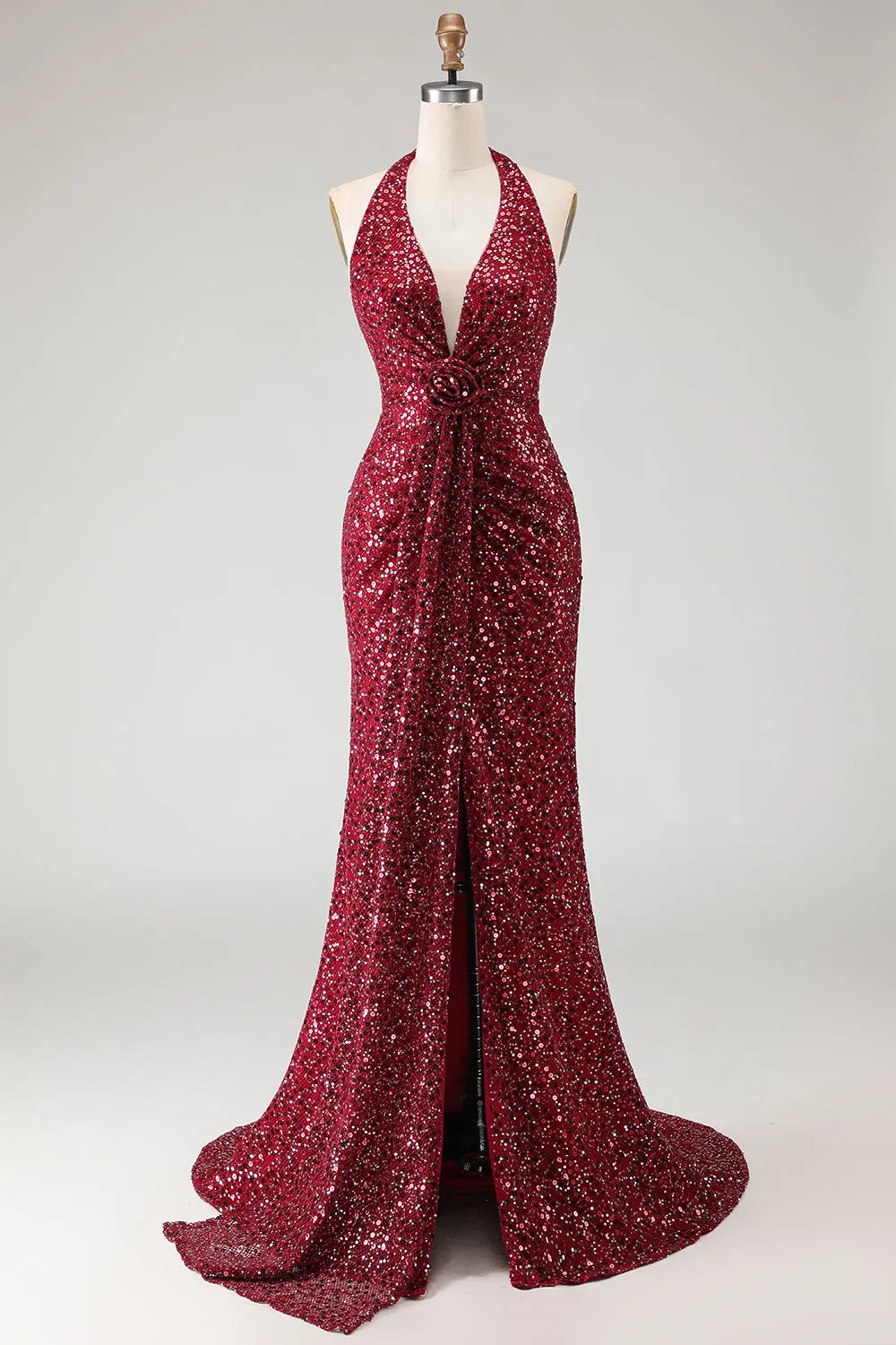Sparkly Burgundy Mermaid Halter Sequin Long Prom Dress with Slit sold by Wedtrend
