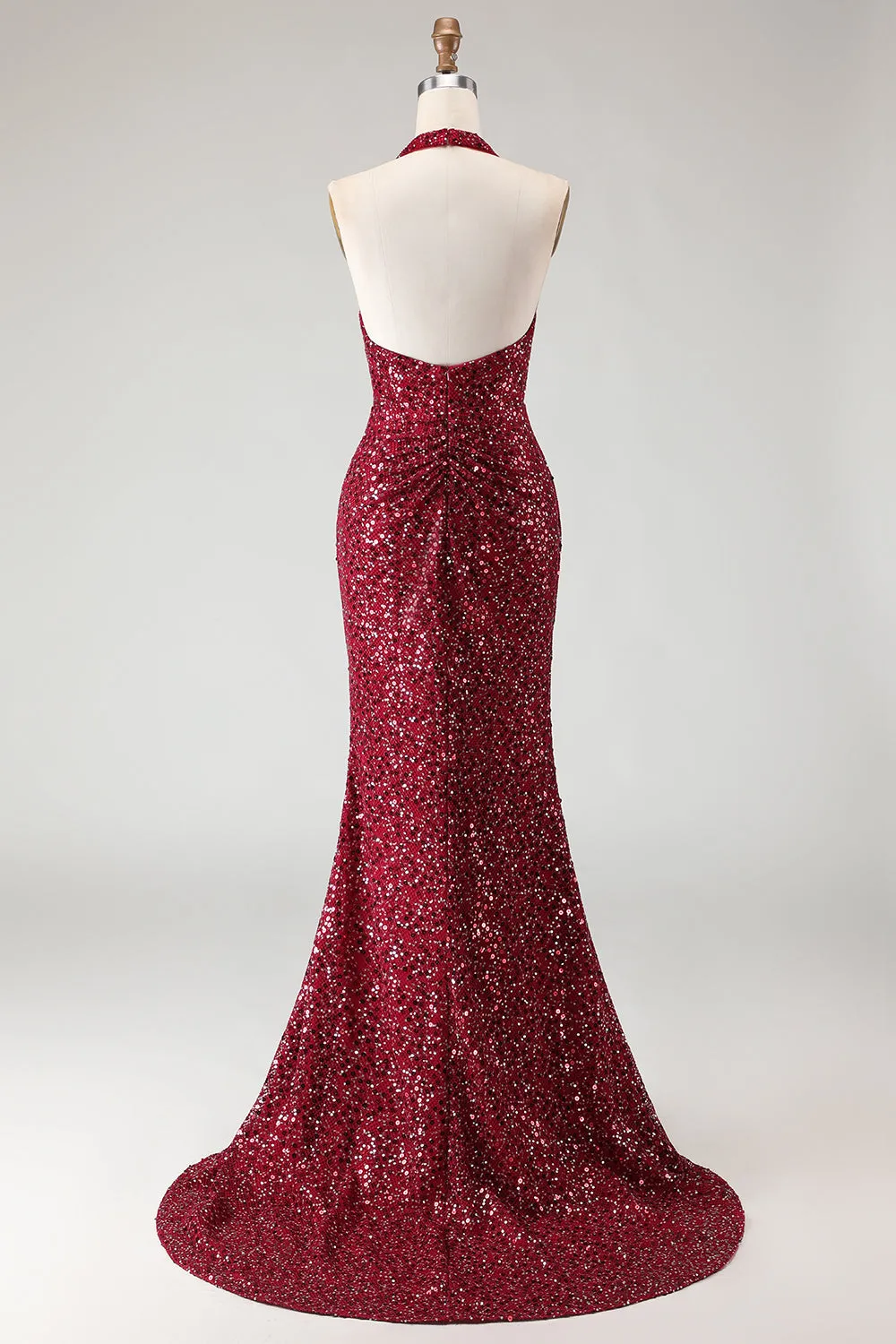 Sparkly Burgundy Mermaid Halter Sequin Long Prom Dress with Slit sold by Wedtrend product image thumbnail 2