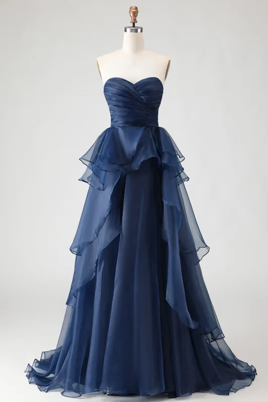 Navy Strapless Tiered A Line Ruched Long Prom Dress with Ruffles sold by Wedtrend
