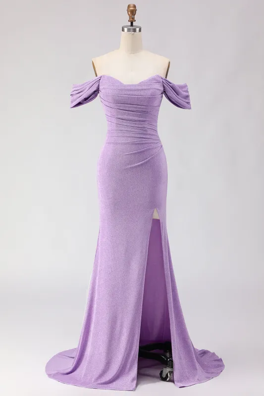 Mermaid Off the Shoulder Purple Long Prom Dress with Slit sold by Wedtrend