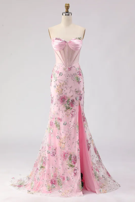 Pink Strapless Mermaid Beaded Corset Sequin Long Prom Dress with Slit made by Wedtrend