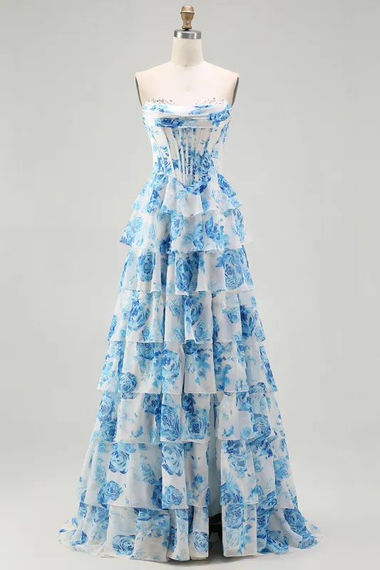 White Blue Flower A Line Strapless Tiered Ruffle Corset Beaded Long Prom Dress with Slit made by Wedtrend