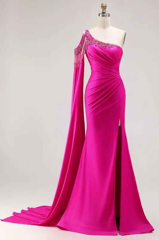 Fuchsia Mermaid One Shoulder Beaded Long Prom Dress with Slit sold by Wedtrend