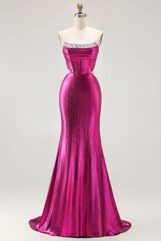 Metallic Fuchsia Strapless Beaded Mermaid Corset Long Prom Dress made by Wedtrend