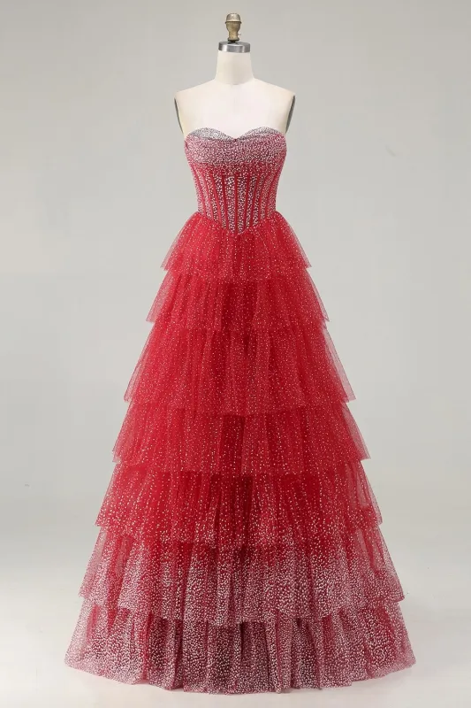 Red A Line Sweetheart Tiered Corset Beaded Polka Dots Long Prom Dress with Slit made by Wedtrend