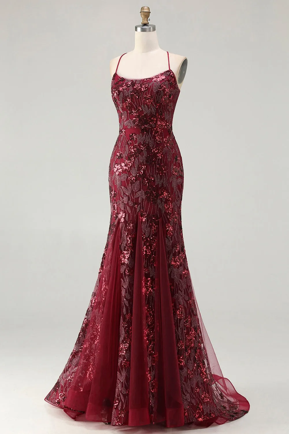 Sparkly Burgundy Mermaid Sequins Appliqued Long Prom Dress with Lace Up Back sold by Wedtrend product image thumbnail 3