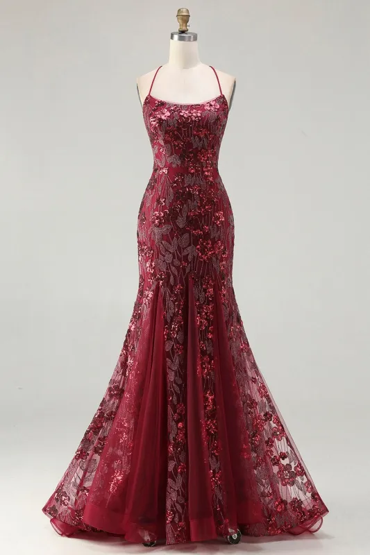 Sparkly Burgundy Mermaid Sequins Appliqued Long Prom Dress with Lace Up Back made by Wedtrend