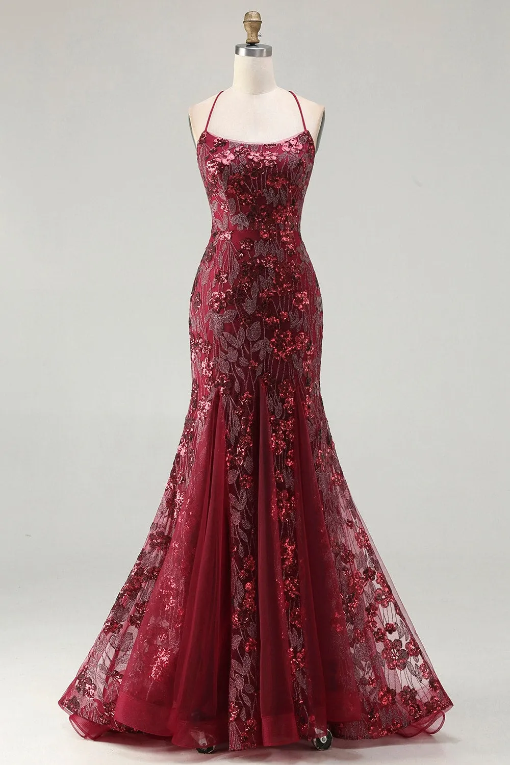 Sparkly Burgundy Mermaid Sequins Appliqued Long Prom Dress with Lace Up Back sold by Wedtrend