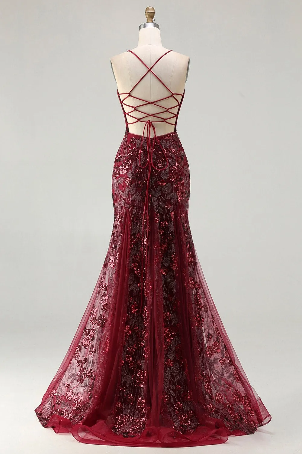 Sparkly Burgundy Mermaid Sequins Appliqued Long Prom Dress with Lace Up Back sold by Wedtrend product image thumbnail 2