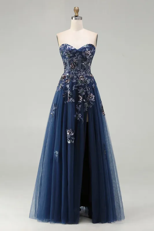 Navy A-Line Sweetheart Corset Sequins Lace Up Back Long Prom Dress with Slit made by Wedtrend
