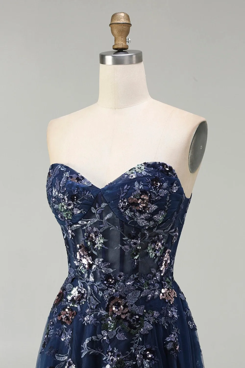 Navy A-Line Sweetheart Corset Sequins Lace Up Back Long Prom Dress with Slit sold by Wedtrend product image thumbnail 5