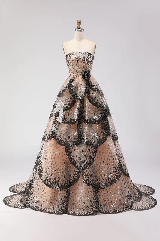 Sparkly Black Apricot A-Line Strapless Sequins Princess Long Prom Dress with Ruffles made by Wedtrend