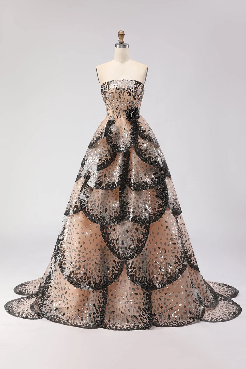 Sparkly Black Apricot A-Line Strapless Sequins Princess Long Prom Dress with Ruffles sold by Wedtrend