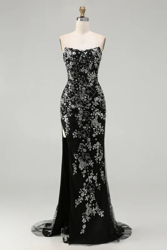 Black Mermaid Strapless Beaded Sequins Satin Long Prom Dress with Slit made by Wedtrend
