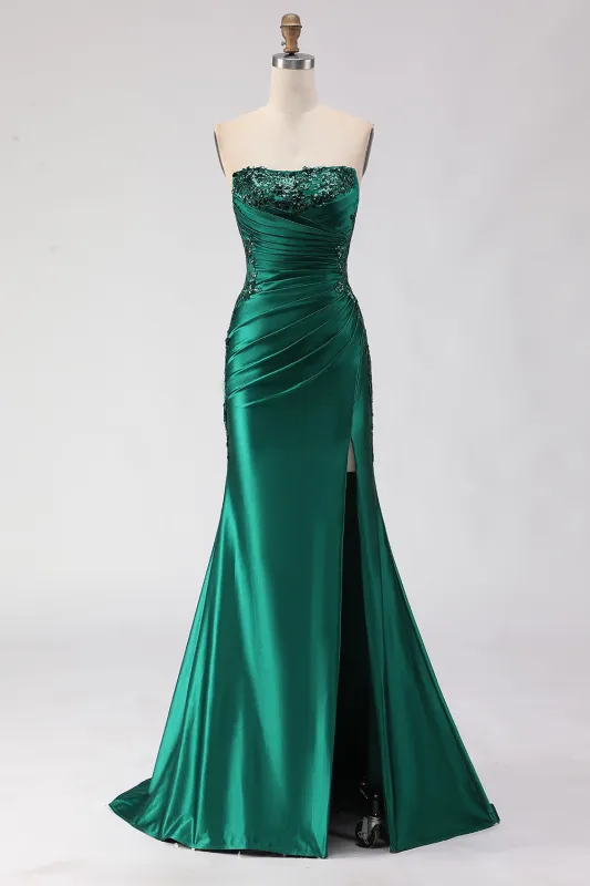 Dark Green Mermaid Strapless Sequins Pleated Lace Up Back Long Prom Dress with Slit made by Wedtrend