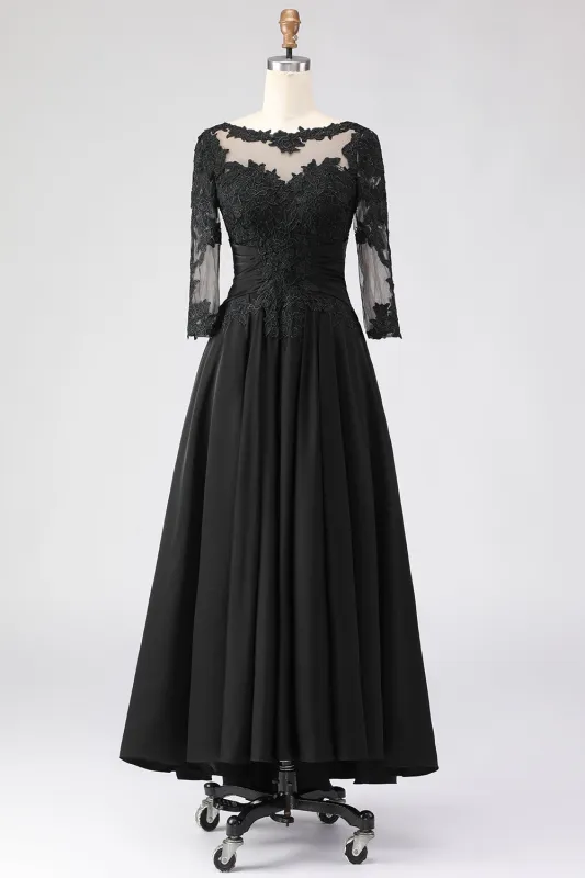 Black A Line Appliqued Long Mother Of The Bride Dress with 3/4 Sleeves sold by Wedtrend
