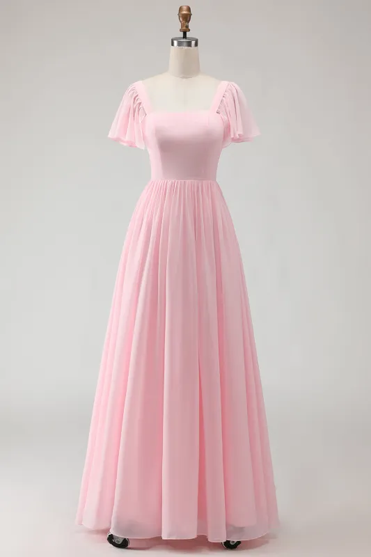 Candy Pink A-Line Flutter Sleeves Long Bridesmaid Dress with Lace Up Back sold by Wedtrend