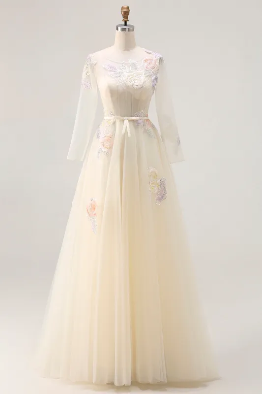 Yellow A Line Corset Beaded Appliqued Tulle Long Prom Dress with Sequins made by Wedtrend