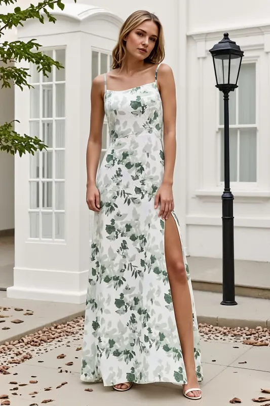 Green Sheath Spaghetti Straps Print Floral Long Bridesmaid Dress with Slit sold by Wedtrend