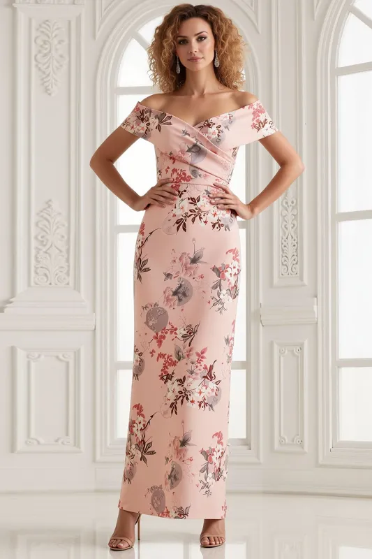 Off The Shoulder Sheath Blush Floral Print Long Satin Wedding Guest Dress with Back Slit made by Wedtrend