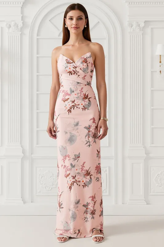 Blush Flower Sheath Strapless Print Satin Long Wedding Guest Dress with Back Slit made by Wedtrend