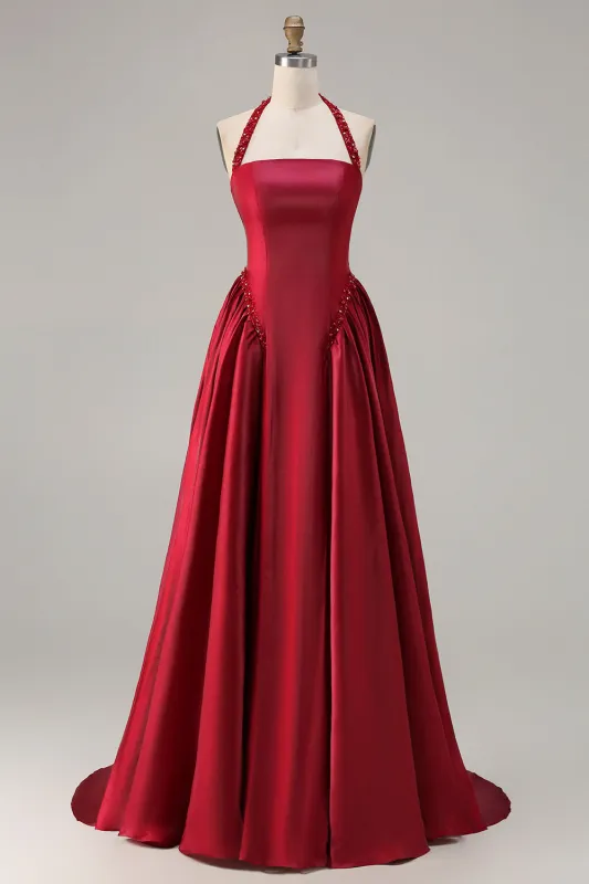 Burgundy A-Line Halter Beaded Satin Long Prom Dress with Lace Up Back made by Wedtrend