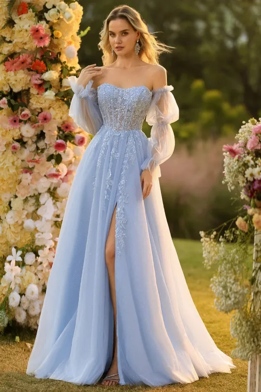 Blue A-Line Corset Removable Sleeves Appliqued Sequins Floral Long Prom Dress with Slit sold by Wedtrend