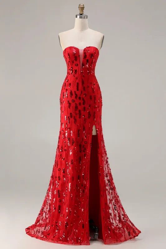 Sparkly Red Mermaid Strapless Sequins Long Prom Dress with Slit made by Wedtrend