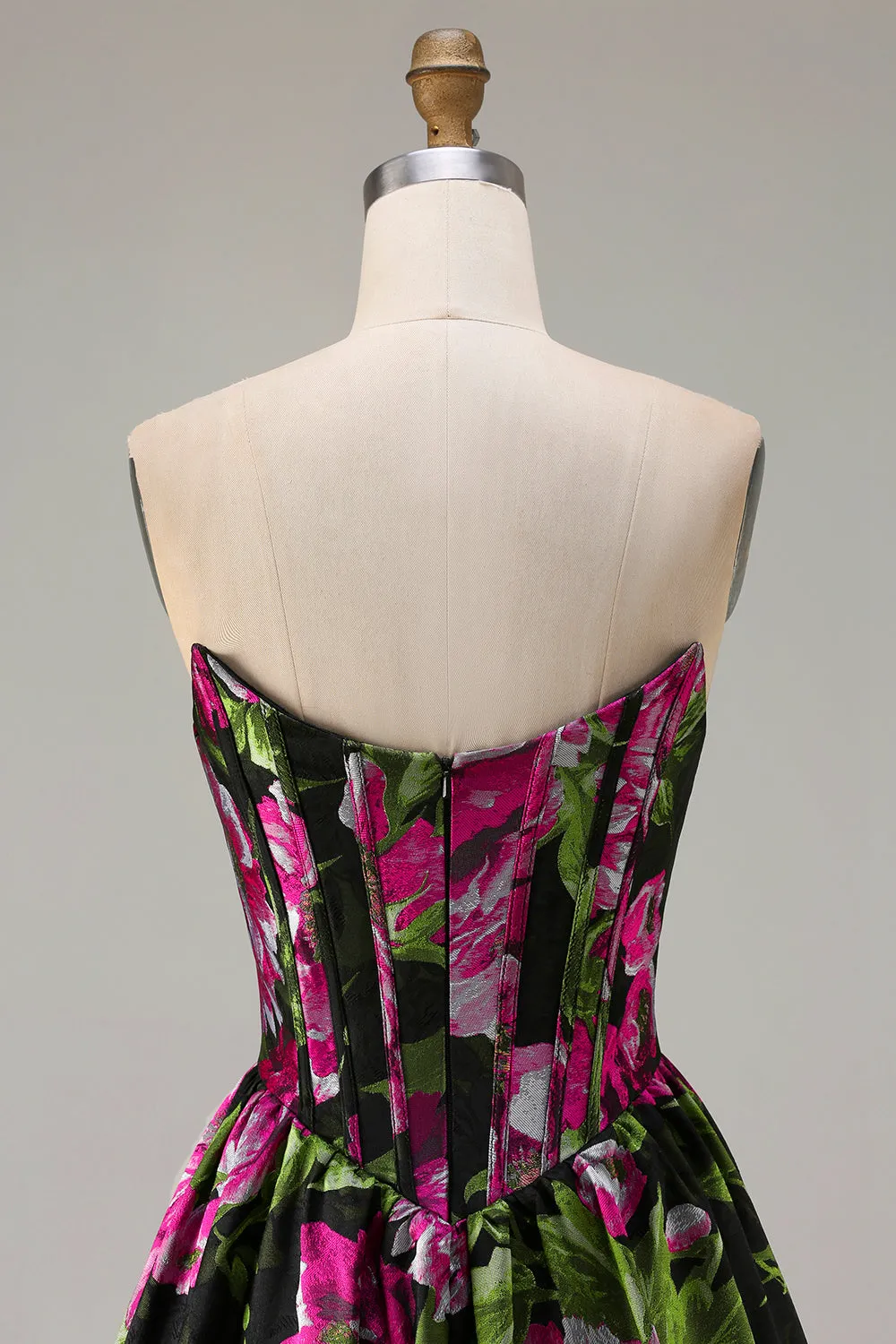 Black Strapless A-Line Corset Print Fuchsia Floral Long Prom Dress sold by Wedtrend product image thumbnail 5