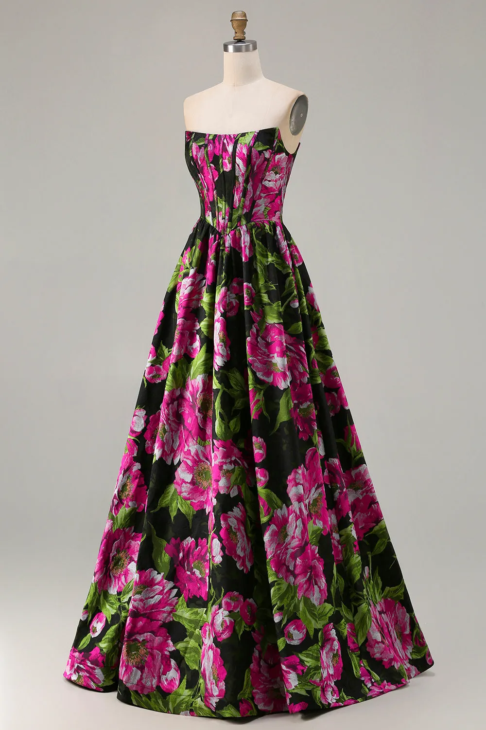 Black Strapless A-Line Corset Print Fuchsia Floral Long Prom Dress sold by Wedtrend product image thumbnail 3