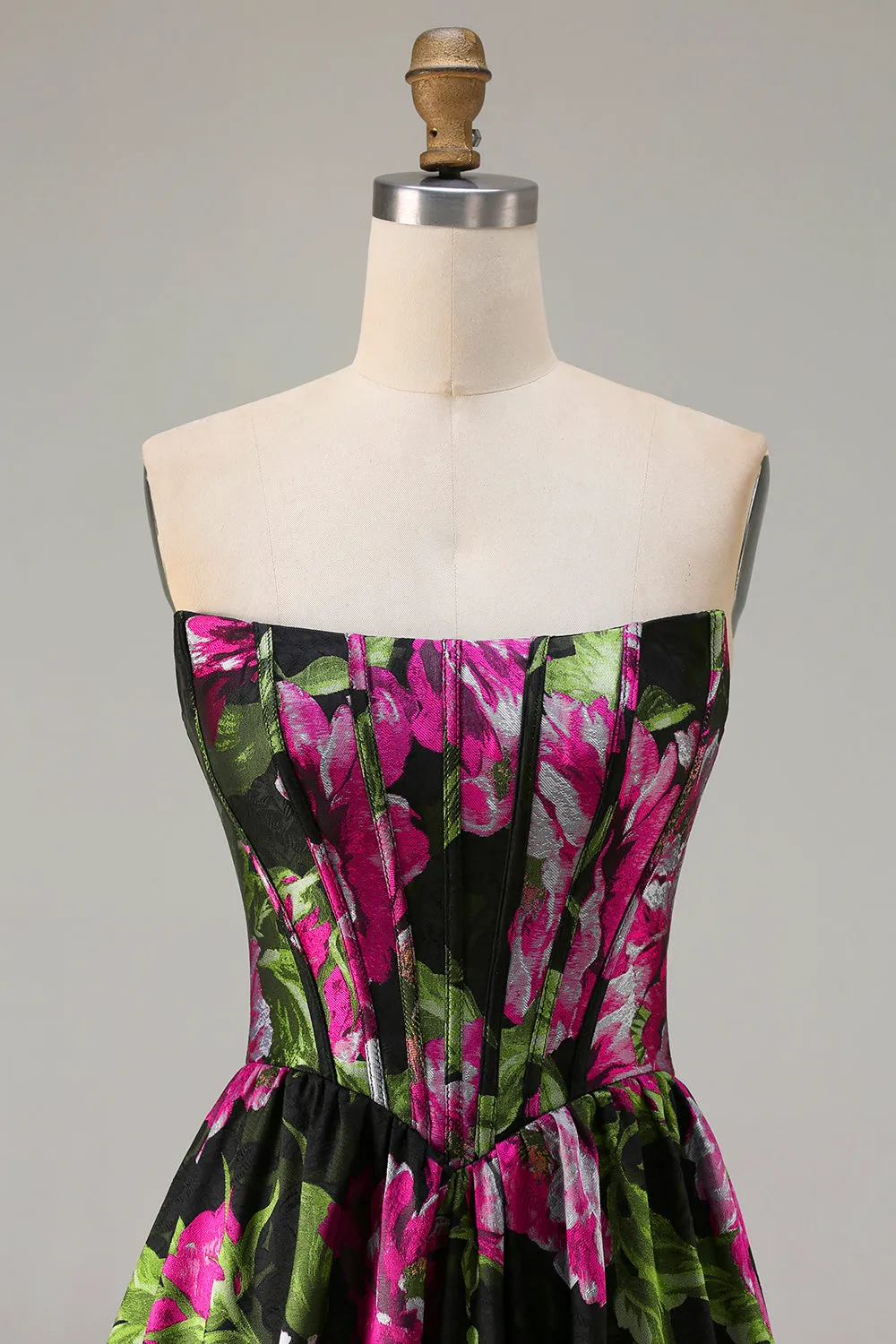 Black Strapless A-Line Corset Print Fuchsia Floral Long Prom Dress sold by Wedtrend product image thumbnail 4