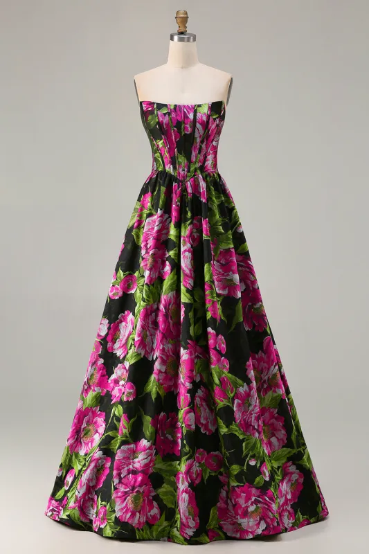 Black Strapless A-Line Corset Print Fuchsia Floral Long Prom Dress made by Wedtrend