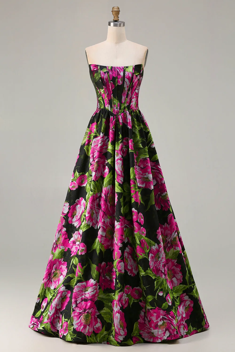 Black Strapless A-Line Corset Print Fuchsia Floral Long Prom Dress sold by Wedtrend